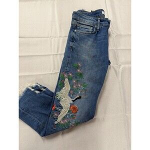Zara Woman 4 Floral Bird Crane Embroidered Distressed Cut Off Frayed Hem Jeans